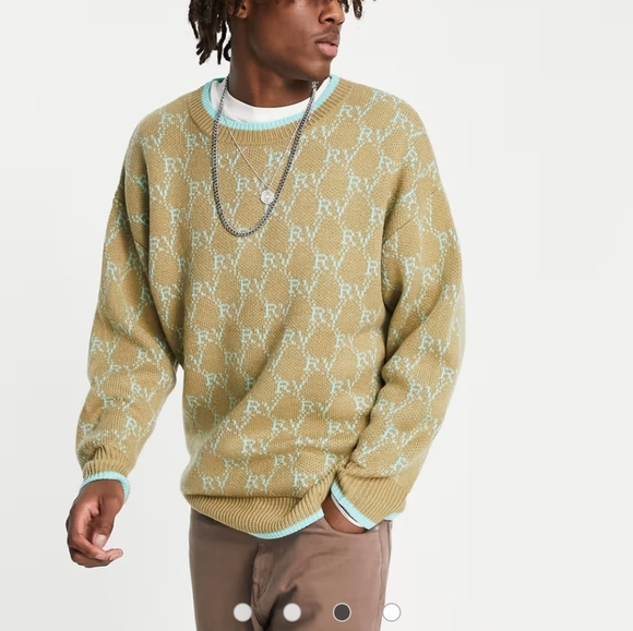 Reclaimed Vintage Sweater Retro Inspired Tan Green RV Monogram Knit Small S - Picture 9 of 9